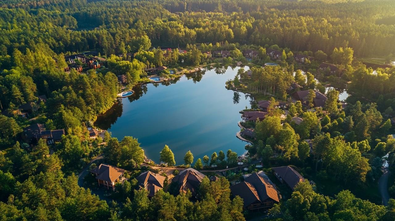 vue aerienne d'un lac et d'un village vacances