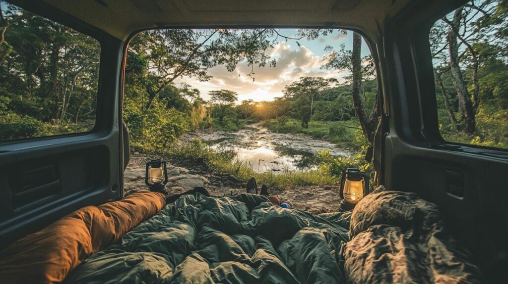 camping nature avec son véhicule aménagé, vue du coffre ouvert vers un marais